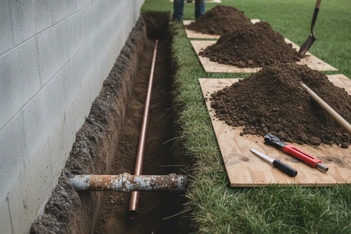 Excavated water line trench during Water Softener Installation in Belden